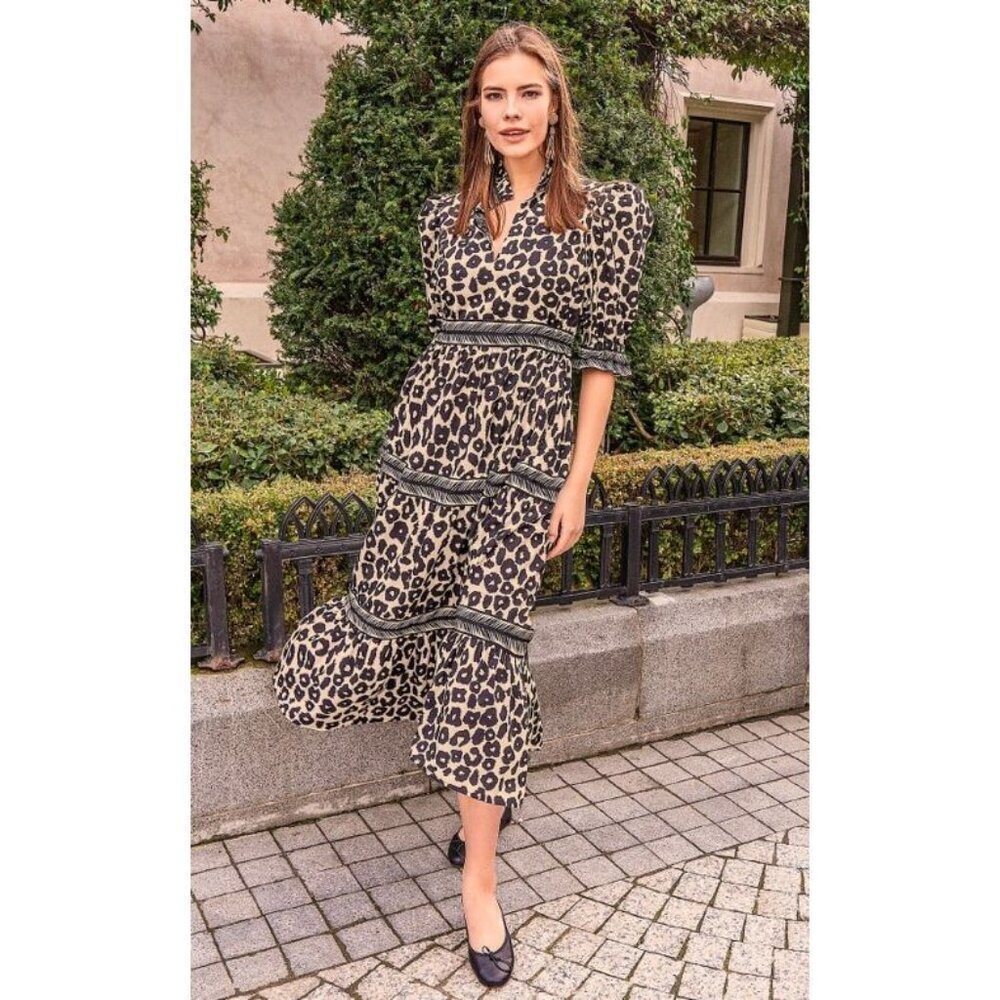 Gretchen Scott Teardrop Cheetah Leopard Wildcat Tiered Midi Dress $195